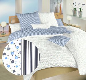 S kvetinovým a geometrickým motívom luxusné bavlnené posteľné obliečky Kvetinky modré / Prúžky modrej, | 140x200, 70x90 cm, 140x220, 70x90 cm