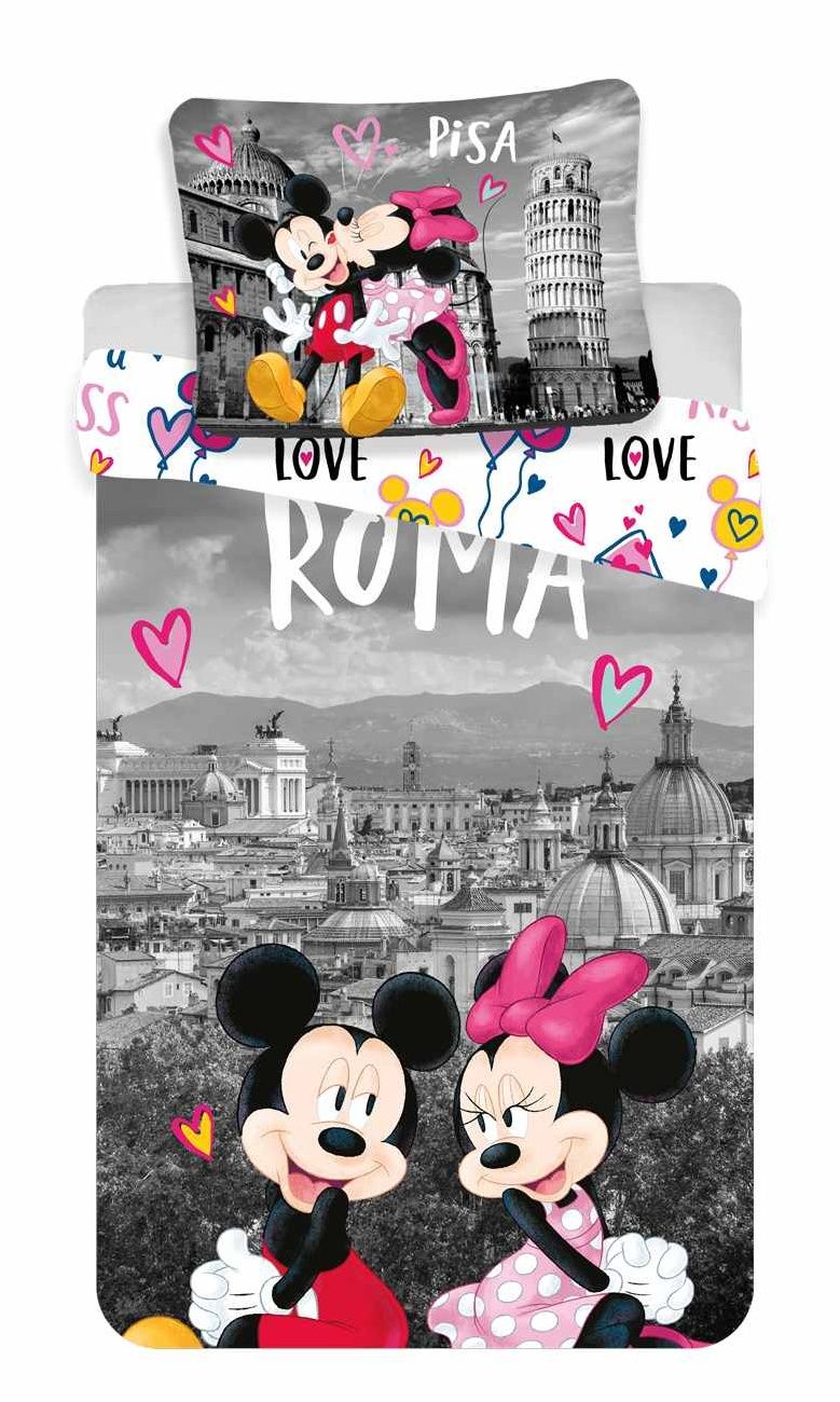 Detské bavlnené obliečky Mickey a Minnie v Ríme na šedom pozadí Jerry Fabrics