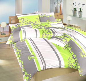 Pruhované posteľné krepové obliečky vo farbách šedej, zelenej a bielej Bodky zelené, | 140x200, 70x90 cm